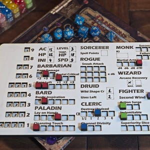 Peut inclure: Un plateau de jeu de table blanc avec des feuilles de personnage pour Donjons et Dragons. Le plateau comporte des espaces pour les dés et les jetons. Le plateau est étiqueté avec les noms de différentes classes de personnages, notamment Barbare, Barde, Paladin, Druide, Clerc, Sorcier, Rogue, Moine, Magicien et Guerrier.
