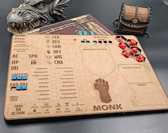 DnD MONK Class Character Tracker / Character Sheet, Spell Slots, Abilities with Dice Slots. Dungeons and Dragons Gift.