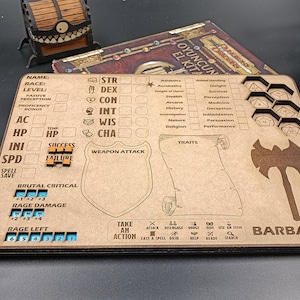 DnD BARBARIAN Class Character Tracker / Character Sheet, Spell Slots, Abilities with Dice Slots. Dungeons and Dragons Gift.
