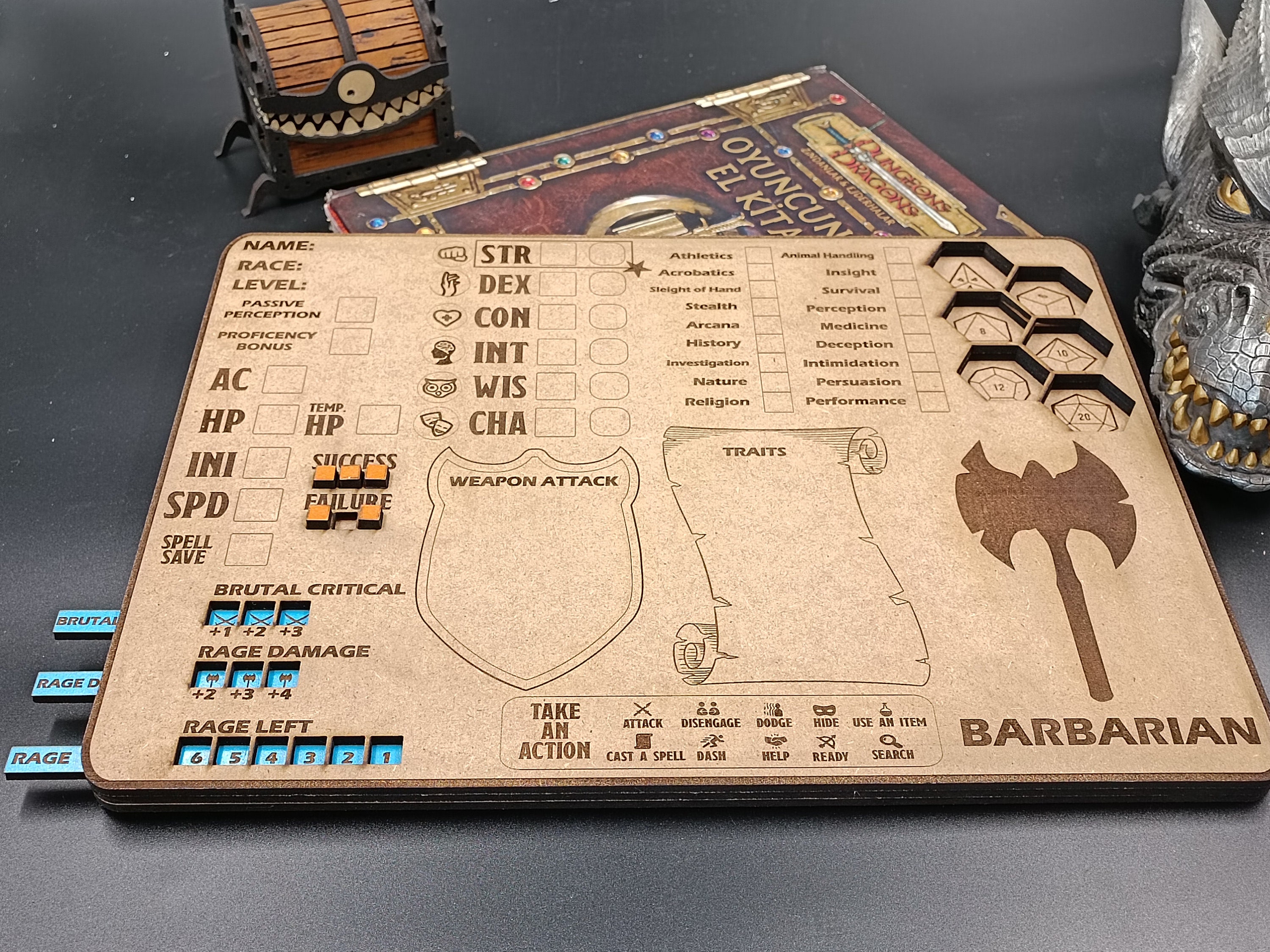 Handgemaakte houten Barbarian Character Tracker: DnD-spelerbord