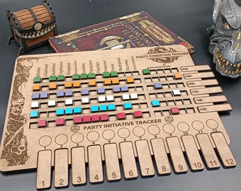 May include: A wooden game board with a dragon design and the text "PARTY CONDITION TRACKER" and "PARTY INITIATIVE TRACKER". The board has a grid of squares for tracking conditions and a row of circles for tracking initiative.