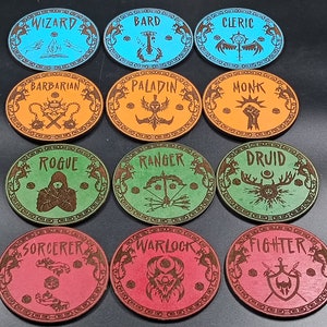Dungeons and Dragons Wooden Coasters -  Dnd Classes - Barbarian - Bard - Wizard - Rogue - Warlock - Sorcerer - Druid - Monk