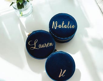 Personalized Velvet Round Jewelry Case, Bridesmaid Gift