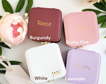 New Saffiano Leather Medium Square Jewelry Storage CaseITravel Jewelry boxIPerfect Gift for Wedding Bridesmaids,Mother’s Day,Corporate Event