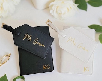 Mr. and Mrs. Passport Covers,Personalized Saffiano Leather Passport Case & Luggage Tag Set