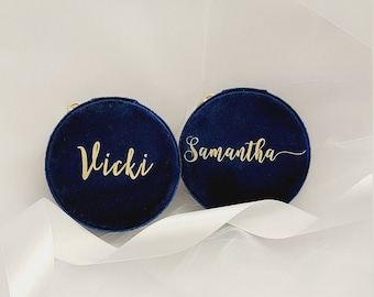 Personalized Round Travel Jewelry Velvet Ring Case|Gift for her Wedding|Bridesmaid|Mom|Holiday|Jewerly Ring Box|