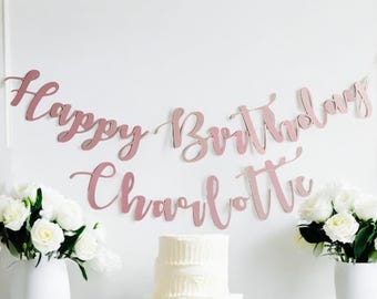 Rose Gold Glitter Custom Banner: Cursive Party Decorations
