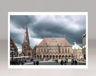 Ayuntamiento de Bremen, plaza del mercado histórico, postales, postales ilustradas, tarjetas de felicitación, postales fotográficas, buenas tarjetas