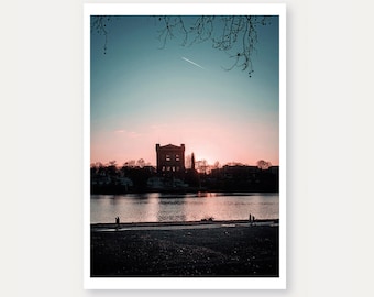 ambiance du soir, étoile filante, carte postale, Brême, carte de vœux, carte postale, coucher de soleil, Weser, promenade, romance, bonnes cartes