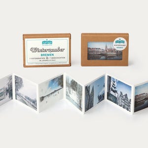Leporello, Brema, magia invernale, zigzag, musicanti, battaglie, slittino, neve, regalo, regalo, scatola, fotografia, cartoline