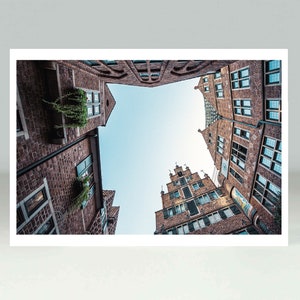 Casco antiguo, Böttcherstrasse, postal, casas con dos aguas, artesanía, ciudad hanseática de Bremen, fotografía, postal, tarjeta de felicitación, buenas tarjetas