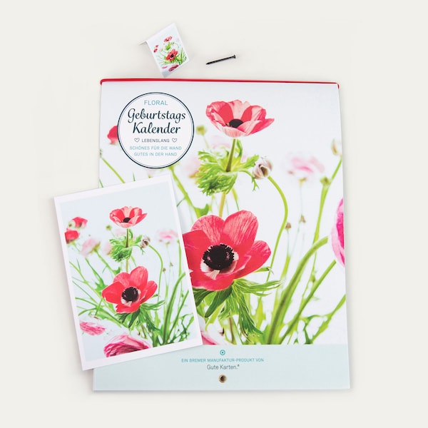 Geburtstagskalender, Geschenk-Set, lebenslang, immerwährend, jahresunabhängig, Kalender, Wand, Floral, Blumen, 22x54 cm (BxH), Gute Karten