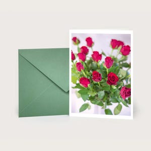 Rode rozen, vouwkaart, liefde, Valentijnsdag, boeket, herinnering, bruiloft, uitnodiging, felicitaties, cadeaubon, mooie kaarten