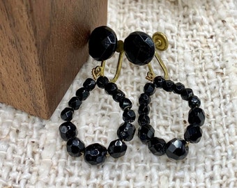 Vintage Black Beaded Drop Earrings; in the Style of Mourning Earrings; Vintage Beaded Loop Earrings