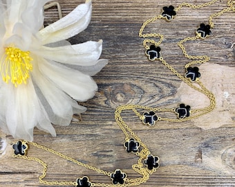 Estate KEP Designer Collar de flores de esmalte negro de 36 "de largo con pendientes