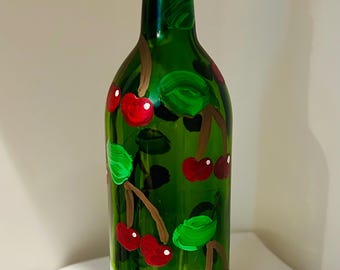 Hand Painted Wine Bottle Lamp: Cherry Design Lighted Decor
