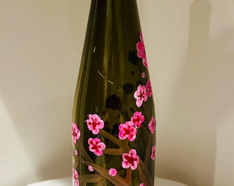 Hand-Painted Cherry Blossom Lighted Wine Bottle: Spring Decor Night Light
