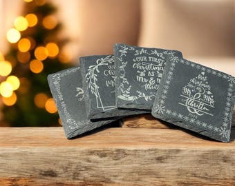 Customized Slate Coasters, First Christmas, Newlywed Gift
