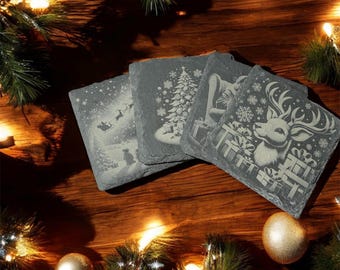 Engraved Slate Christmas Coasters, Holiday Drink Coasters, Festive Decor