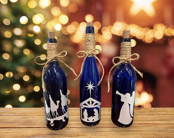 Nativity Scene Lighted Wine Bottle Set