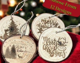 Engraved Wood Slice Ornaments, Christmas Tree Décor, Rustic Holiday, Custom Ornaments, Seasonal Decorations