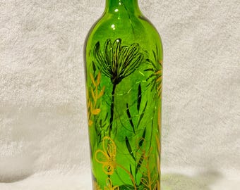 Green Painted Bottle with Lights with Gold Spring Flowers