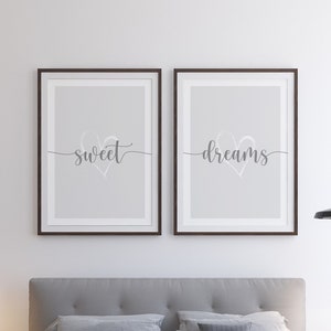 Sweet Dreams Prints, Set of 2, Typography Art, Bedroom Print, Grey Room, Home Prints