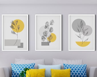 Mustard Botanical Prints,Set of 3, Abstract art, Modern Wall decor, Leaf prints, Wall art, Home prints