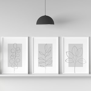 Grey Wall Prints, Plant Wall Art, Botanical Wall Prints, Set of 3 Prints, Botanical Line Art, Living Room Wall Prints, Grey Home Decor