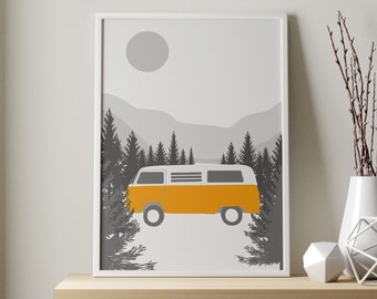 Campervan Print, Retro Wall Art, Pop Art, Camper Wall Art, Retro Print, Travel Print, Camping Lovers Gift, Car Wall Art, Orange