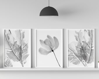 Leaf Print Grey Wall Decor Set of 3 Prints Grey Leaf Print Botanical Wall Art Grey Flower Wall Decor