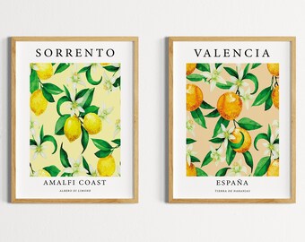 Set of 2 Fruit Wall Prints, Sorrento Print, Lemon Wall Art, Valencia Poster, Italy, Spain, Food Prints, Pop Art, Modern Art, Yellow, Orange