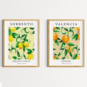 Set of 2 Fruit Wall Prints, Sorrento Print, Lemon Wall Art, Valencia Poster, Italy, Spain, Food Prints, Pop Art, Modern Art, Yellow, Orange