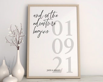 Wedding Date Print, Personalised Wedding Gift, Special Date, Couples Print, And So The Adventure Begins
