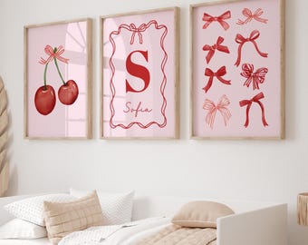 Girls Room Prints, Personalised Girls Bedroom Pictures, Pink Bedroom, Nursery Wall Art, Coquette Set, Bows Print, Cherry Poster