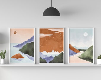 Arte de pared con paisaje bohemio, arte de pared escandinavo, juego de 3 piezas, arte abstracto, arte de pared azul y óxido, decoración nórdica para el hogar, impresión escénica