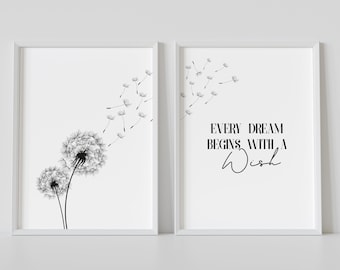 Dandelion Wish Print, Set of 2, Every Dream begins with a Wish, Minimalist Botanical Print, Botanical Wall Art, Mono Prints, Home Prints