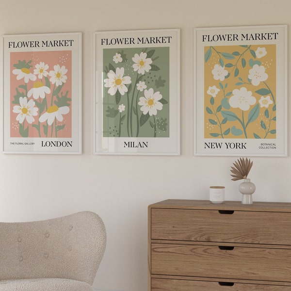 Flower Market Prints, Set of 3, Exhibition Posters, Botanical Prints, Flower Print Set, Gallery Wall Art, Floral Wall Art, Boho Wall Art