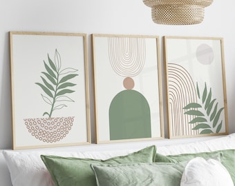 Neutral Boho Wall Prints, Boho Wall Decor, Set of 3 Prints, Sage Green Wall Art, Scandi Art, Mid Century Prints, Abstract Prints, Beige