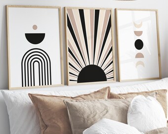 Boho Wall Art Prints, Set of 3 Wall Prints, Modern Mid Century, Boho Wall Decor, Beige Home Decor, Sunshine, Moon Phase, Black, Beige