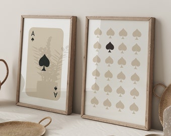 Set of 2 Wall Prints, Ace of Spades, Playing Card Wall Art, Beige Wall Prints, Neutral Wall Decor, Trendy Wall Art, Retro Art, Black, Beige