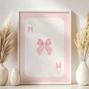 Rosa Spielkarte Druck, Trendige Wandkunst, Aquarell Bögen, Schleife Wandkunst, Preppy Poster, Kokette Druck, Rosa Raumdekor, Ass Karte