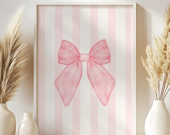 Pink Bow Print, Coquette Print, Soft Feminine Wall Art, Pink Nursery Print, Girly Wall Art, Trendy Wall Art, Bedroom Wall Decor, Pink Stripe