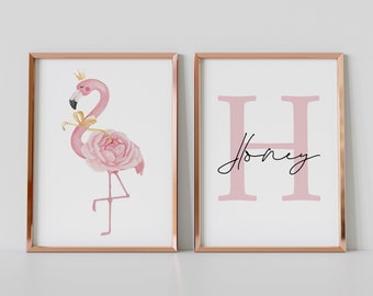 Juego de 2 impresiones de flamencos, dormitorio de niñas, guardería de flamencos, impresión personalizada, arte de pared de flamencos, habitación de niñas, dormitorio rosa, impresiones para el hogar