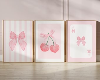 Pink Bows Wall Art, Coquette Wall Art, Girly Wall Prints, Cherries Print, Set of 3 Prints, Trendy Prints, Aesthetic Print, Modern Art