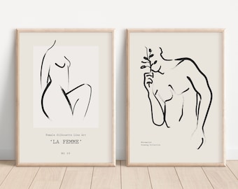 Couple Line Wall Art, Set of 2 Prints, Mr and Mrs Wall Art, His and Hers, Neutral Wall Art, Minimalistic Prints, Line Drawing, Beige, Black