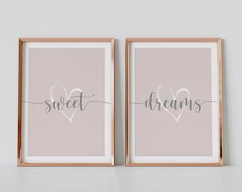 Sweet Dreams Prints, Set of 2, Typography Art, Bedroom Print, Pink Room, Home Prints