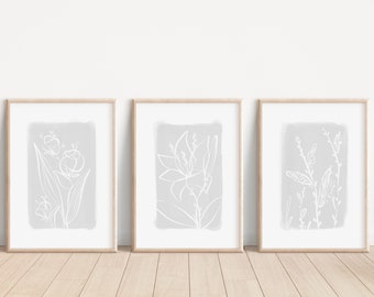 Impressions murales fleurs, lot de 3 impressions murales, dessin au trait végétal, décoration de chambre à coucher grise, art mural botanique, décoration d'intérieur gris, art mural minimaliste, gris