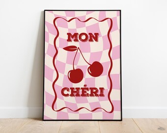 Mon Cheri Poster, Cherry Print, Kitchen Print, French Wall Art, Dining Room Print, Typography Poster, Colourful Wall Print, Kitchen Decor