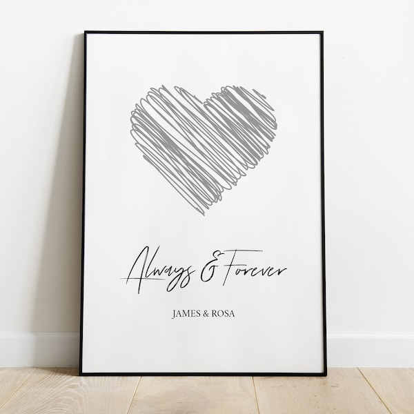 Personalised Couple Print, Always and Forever Print, Heart Print, Anniversary Gift, New Home Decor, Wedding Gift, Engagement, Home Prints